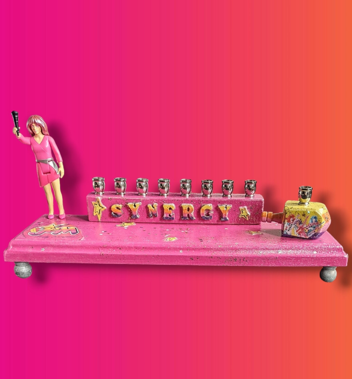 Jem Menorah — 80s rock doll figure with painted SYNERGY letters | Judaica Square Lakewood