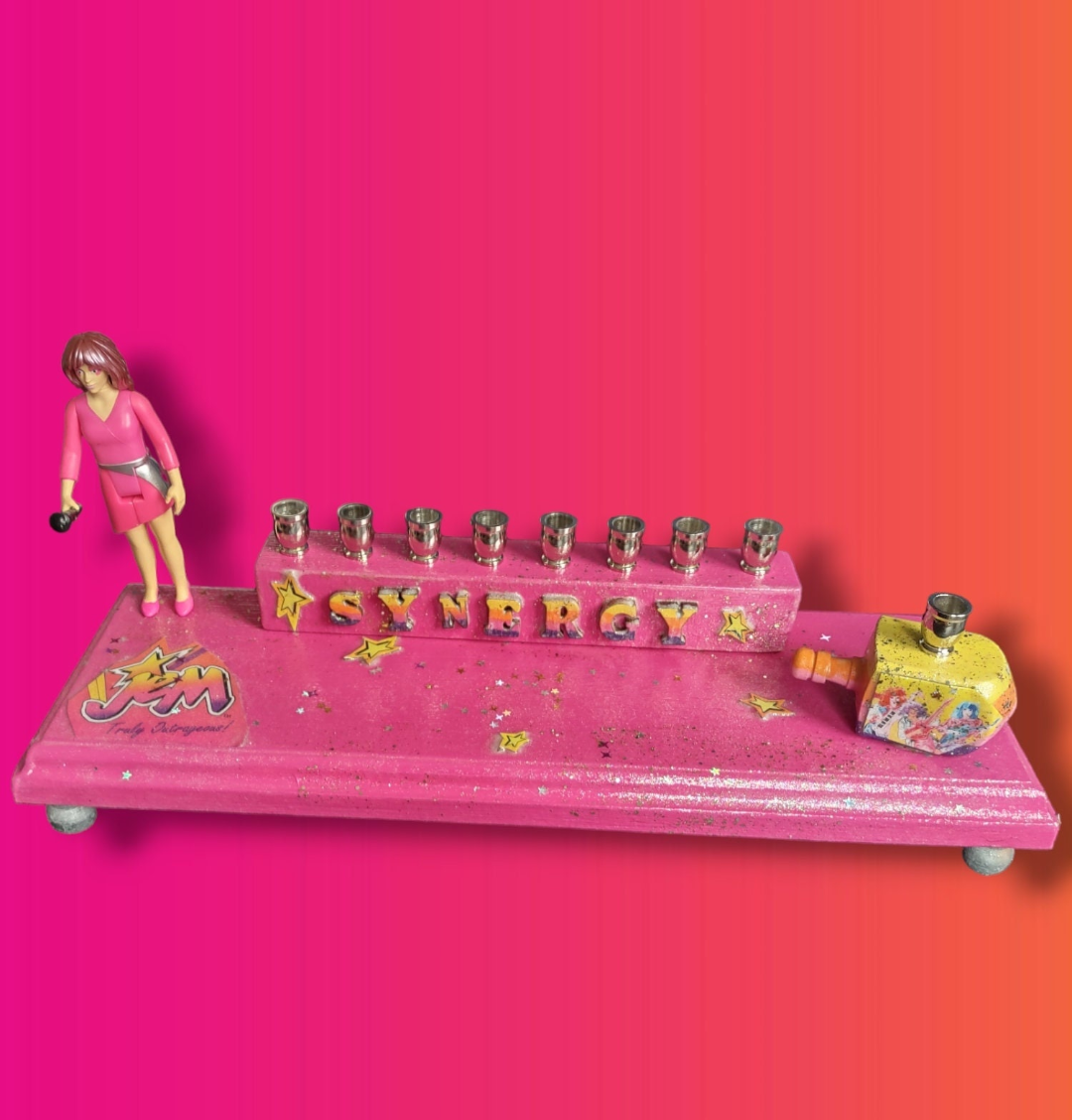 Jem Menorah — 80s rock doll figure with painted SYNERGY letters | Judaica Square Lakewood (view 2)
