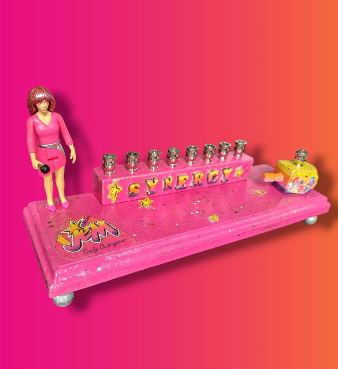 Jem Menorah — 80s rock doll figure with painted SYNERGY letters | Judaica Square Lakewood (view 3)
