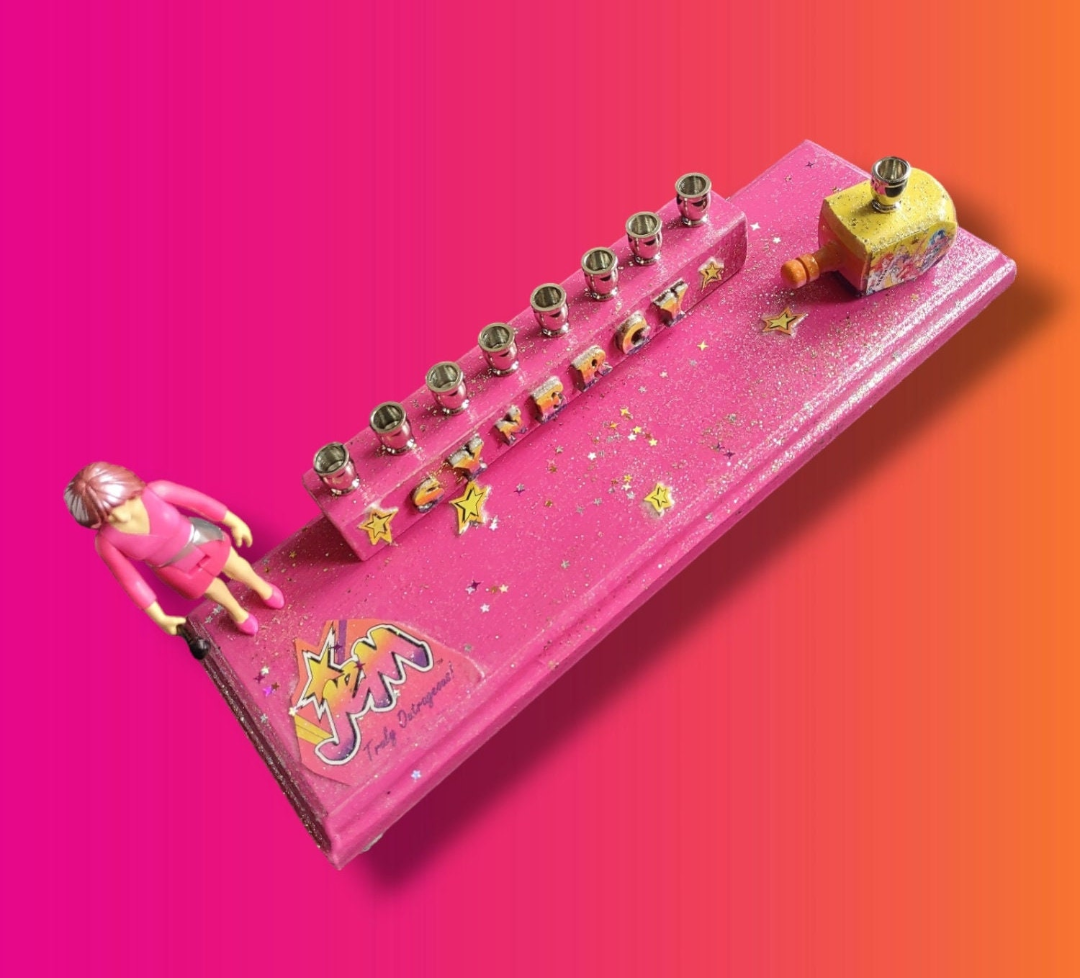 Jem Menorah — 80s rock doll figure with painted SYNERGY letters | Judaica Square Lakewood (view 4)