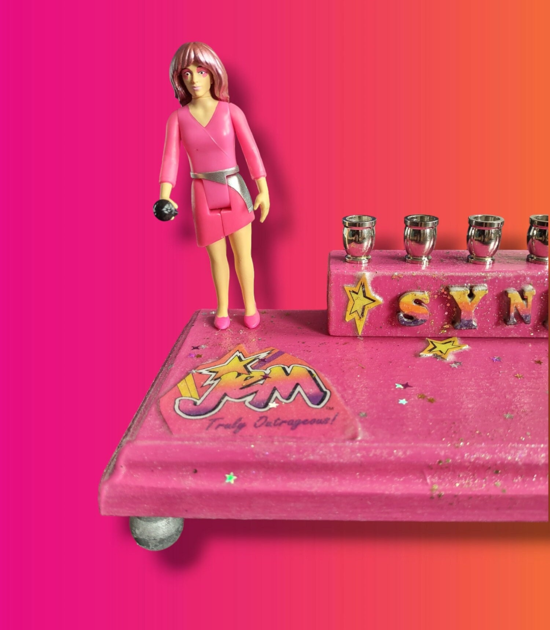 Jem Menorah — 80s rock doll figure with painted SYNERGY letters | Judaica Square Lakewood (view 6)