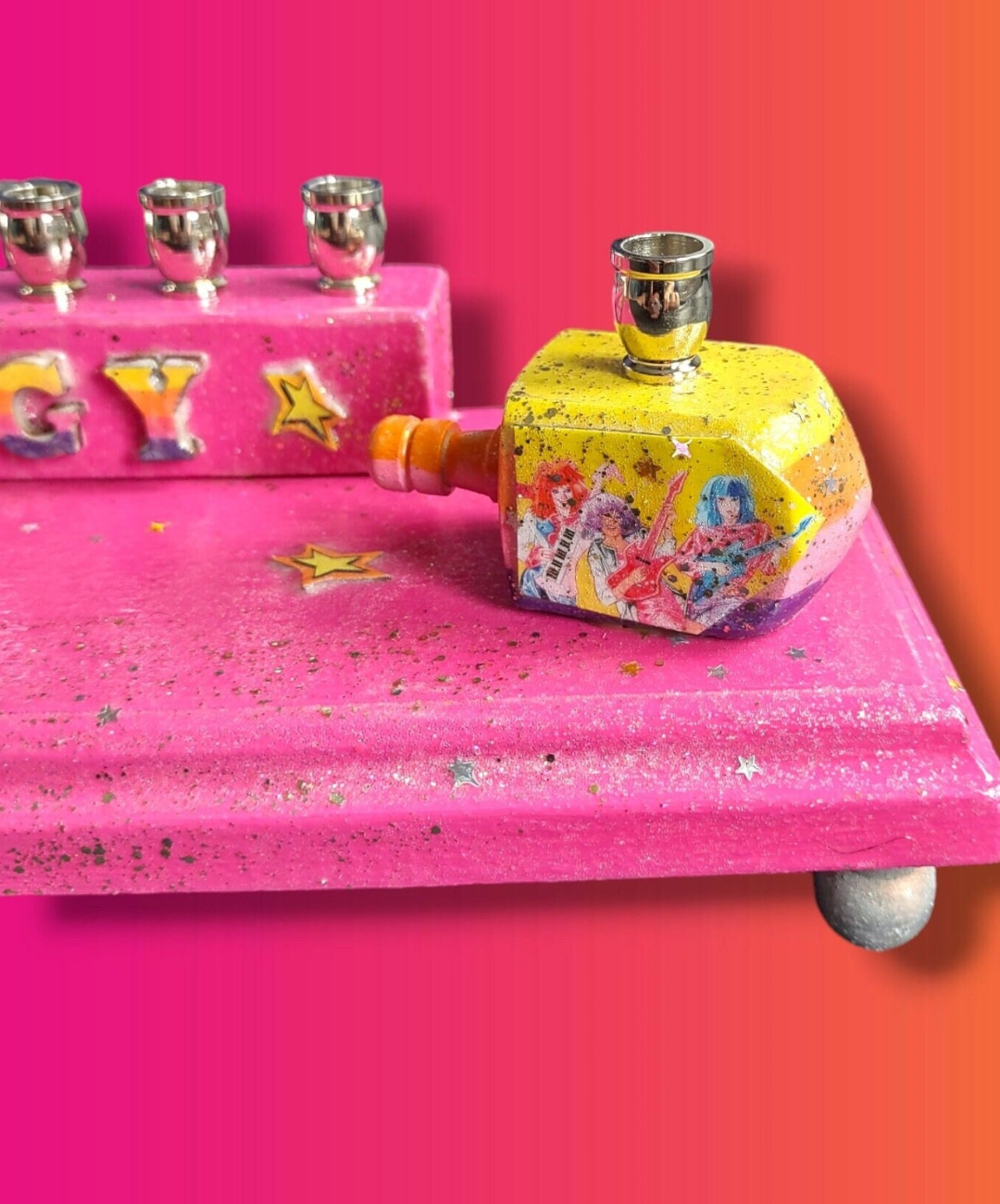 Jem Menorah — 80s rock doll figure with painted SYNERGY letters | Judaica Square Lakewood (view 7)