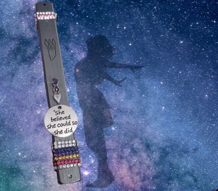 She Believed She Could mezuzah — aluminum case with rhinestone quote | Judaica Square Lakewood