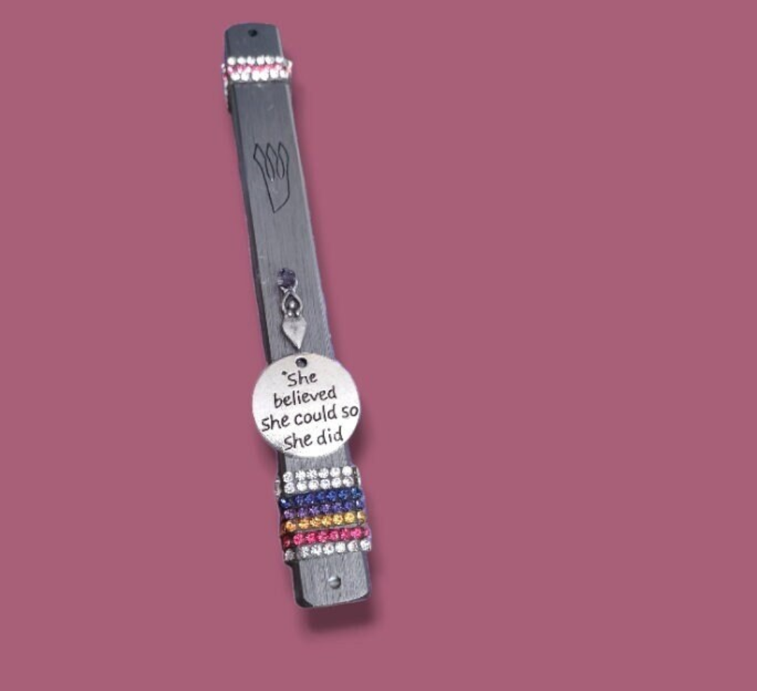 She Believed She Could mezuzah — aluminum case with rhinestone quote | Judaica Square Lakewood (view 3)
