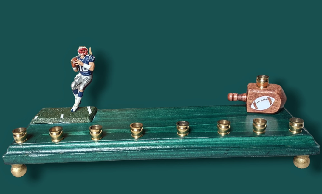 Tom Brady Menorah — Patriots number 12 collector figure on wood base | Judaica Square Lakewood (view 4)