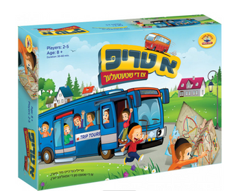 A Trip game box with a blue Trip Tours bus of waving children and a route map