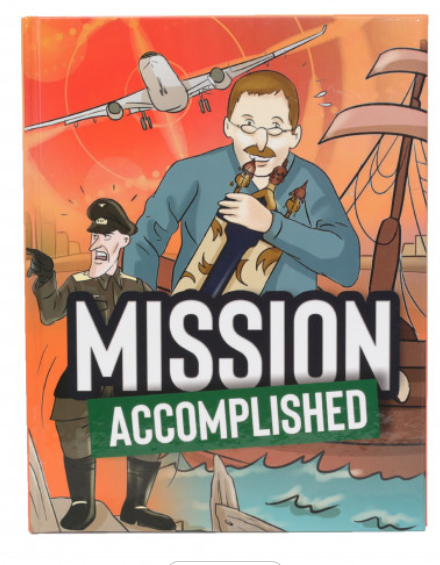 Mission Accomplished comic cover with a man clutching a Torah scroll, an angry officer, a plane and a ship
