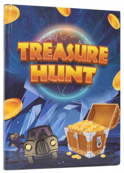 Treasure Hunt English comic cover with a chest of gold coins, a black car and a glowing globe