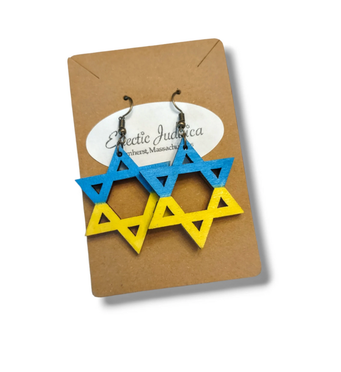 Stand with Ukraine Earrings — blue and yellow wooden Jewish stars | Judaica Square Lakewood