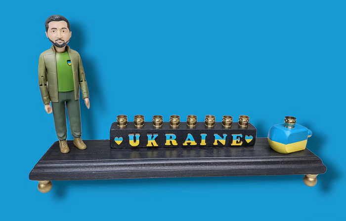 Stand With Ukraine Menorah — Zelensky figure with blue and yellow wood letters | Judaica Square Lakewood