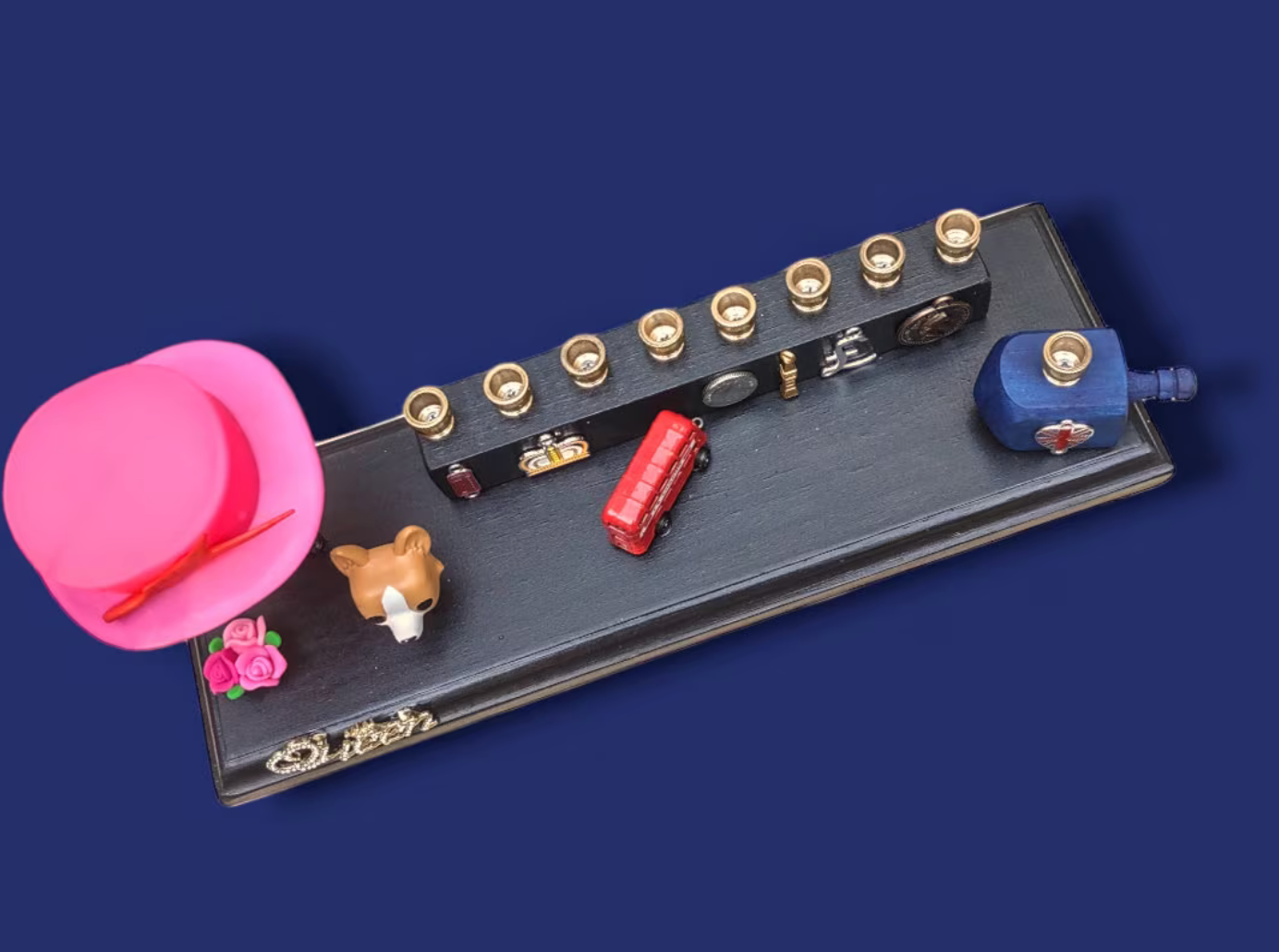 Queen Elizabeth Menorah — royal figure with corgi and flower charms | Judaica Square Lakewood (view 9)