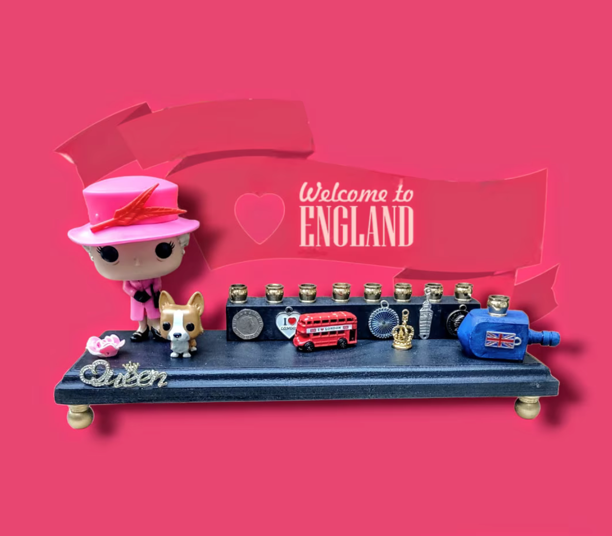 Queen Elizabeth Menorah — royal figure with corgi and flower charms | Judaica Square Lakewood (view 5)