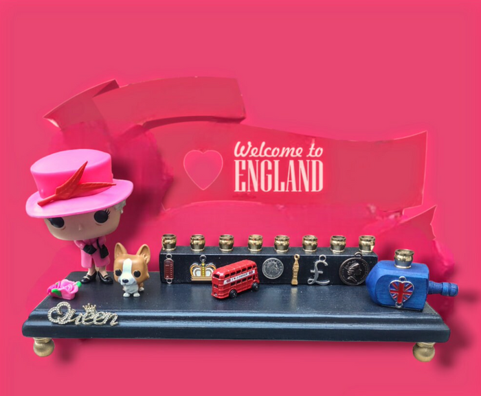 Queen Elizabeth Menorah — royal figure with corgi and flower charms | Judaica Square Lakewood