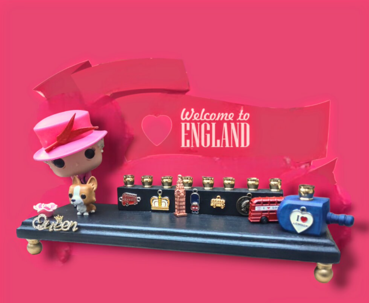 Queen Elizabeth Menorah — royal figure with corgi and flower charms | Judaica Square Lakewood (view 6)