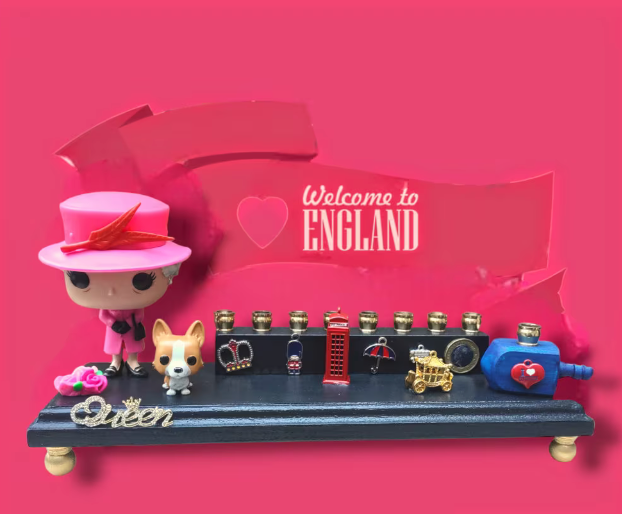 Queen Elizabeth Menorah — royal figure with corgi and flower charms | Judaica Square Lakewood (view 7)