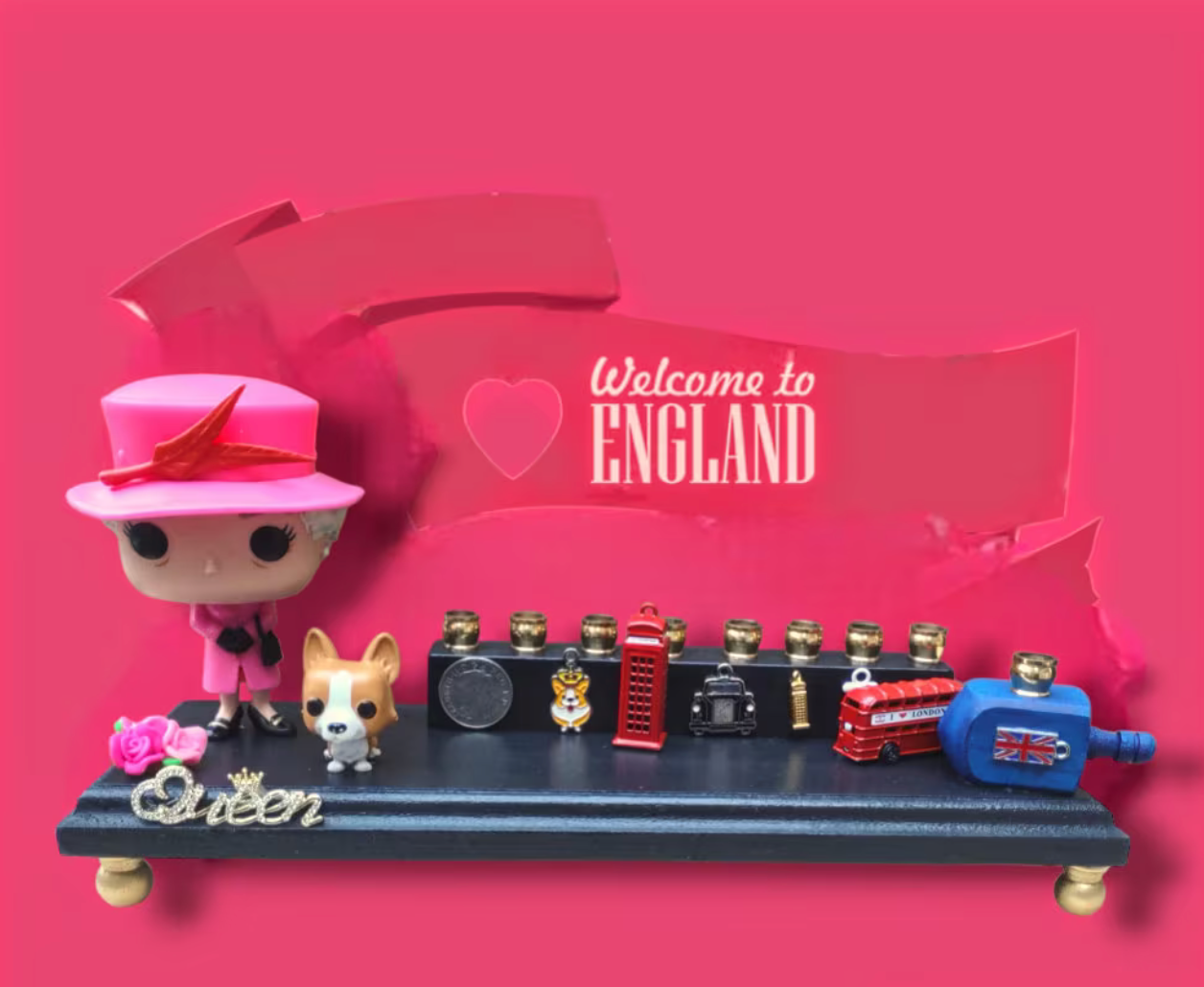 Queen Elizabeth Menorah — royal figure with corgi and flower charms | Judaica Square Lakewood (view 8)