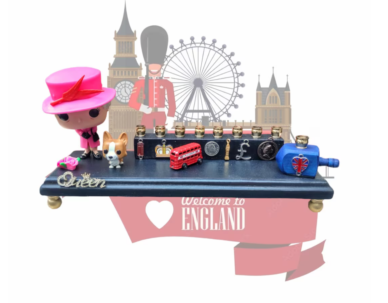 Queen Elizabeth Menorah — royal figure with corgi and flower charms | Judaica Square Lakewood (view 3)