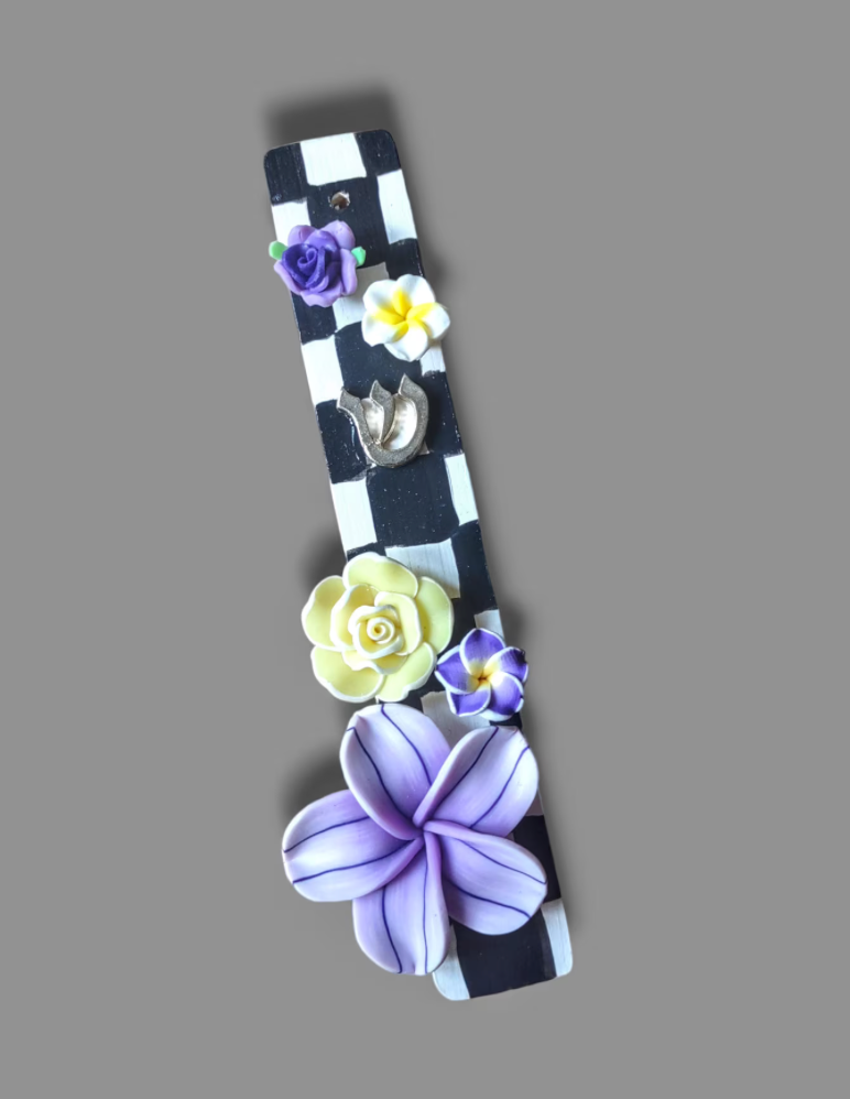 Checks and flowers mezuzah case — painted checkerboard wood with silicone blooms | Judaica Square Lakewood (view 6)