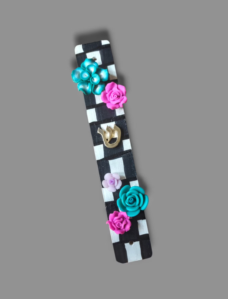 Checks and flowers mezuzah case — painted checkerboard wood with silicone blooms | Judaica Square Lakewood (view 5)