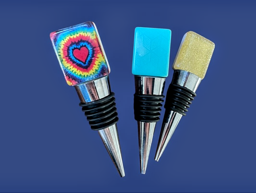 Mahjong tile wine stopper — gold sparkle and tie dye tiles on stainless stoppers | Judaica Square Lakewood (view 2)