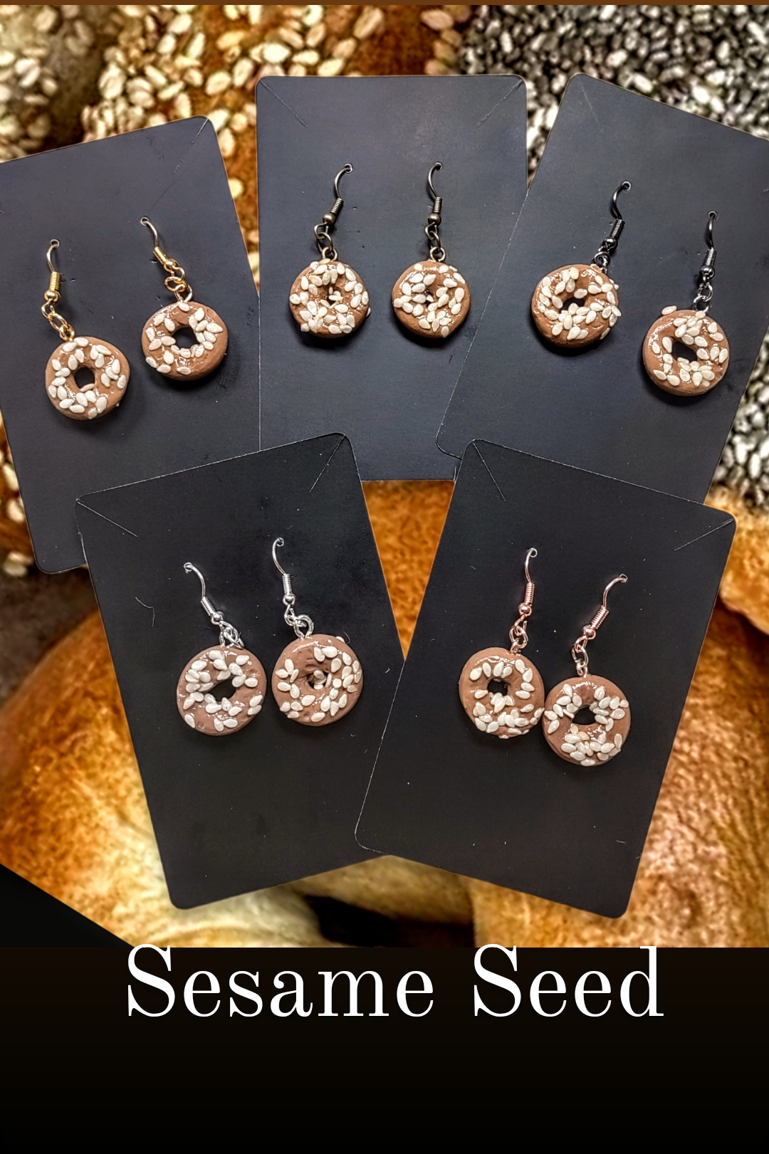 Bagel Earrings — polymer clay everything bagels on steel hooks | Judaica Square Lakewood (view 6)