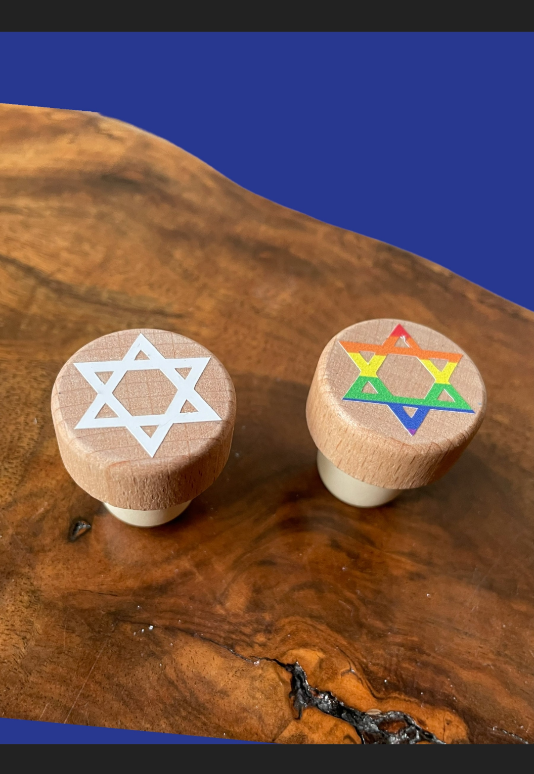 Jewish star and dreidel wine stoppers — wood and cork bottle stoppers with vinyl designs | Judaica Square Lakewood (view 2)
