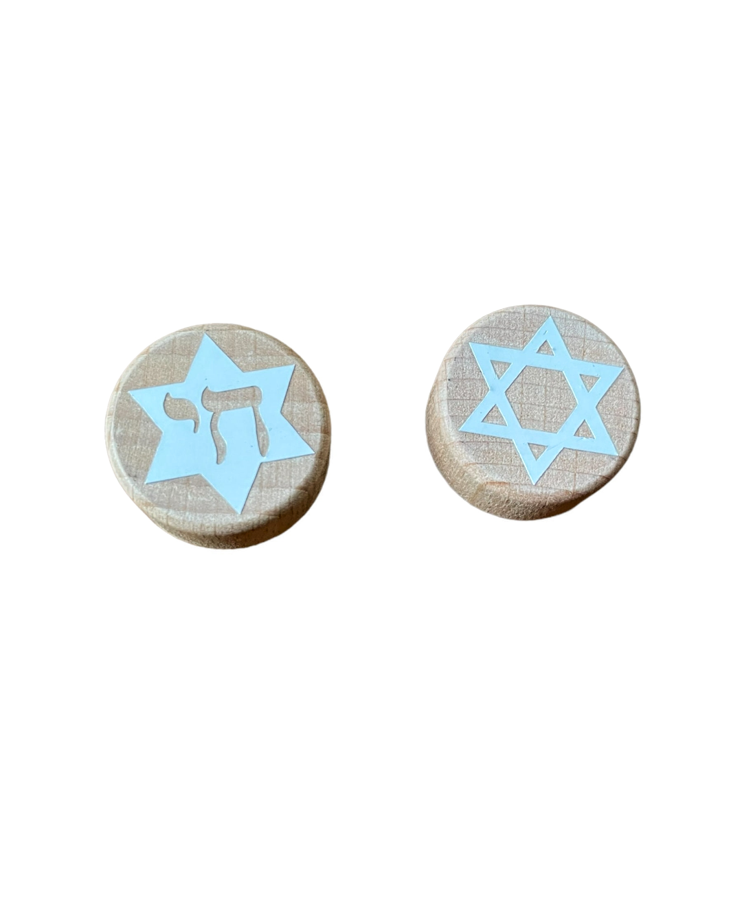 Jewish star and dreidel wine stoppers — wood and cork bottle stoppers with vinyl designs | Judaica Square Lakewood (view 4)
