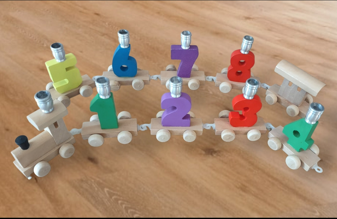 Chanukah Express menorah — linked wooden toy train cars holding candle cups | Judaica Square Lakewood (view 4)