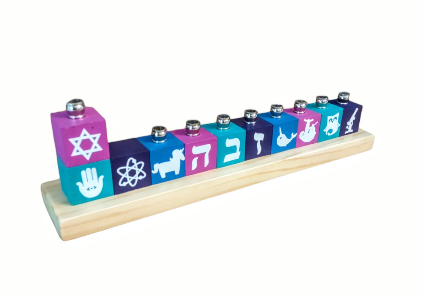 Personalized name block menorah — hand-painted blocks with vinyl letters and nickel cups | Judaica Square Lakewood (view 32)