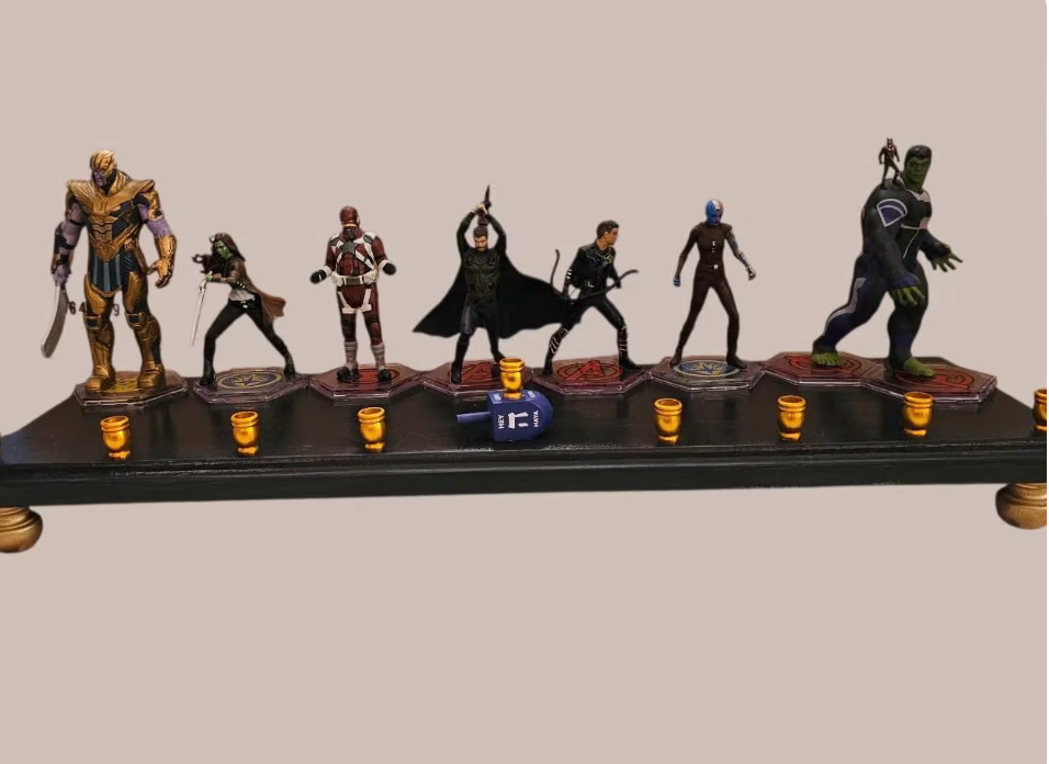 Avengers menorah — Marvel superhero action figures with brass candle cups on wood plaque | Judaica Square Lakewood (view 7)