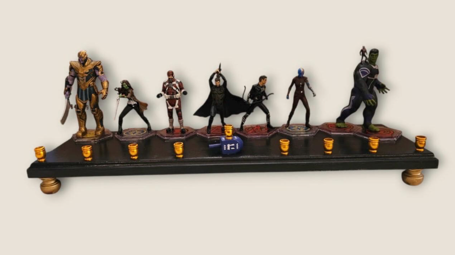 Avengers menorah — Marvel superhero action figures with brass candle cups on wood plaque | Judaica Square Lakewood (view 10)
