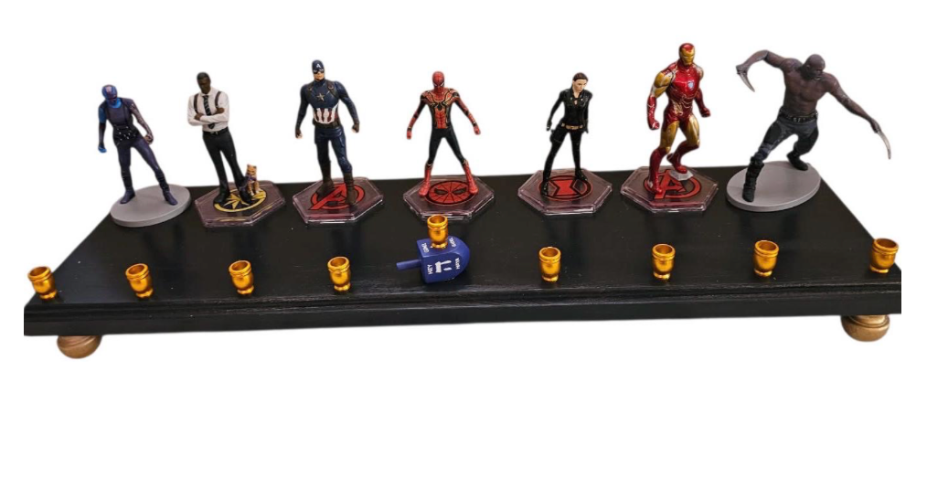 Avengers menorah — Marvel superhero action figures with brass candle cups on wood plaque | Judaica Square Lakewood (view 8)