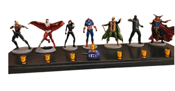 Avengers menorah — Marvel superhero action figures with brass candle cups on wood plaque | Judaica Square Lakewood