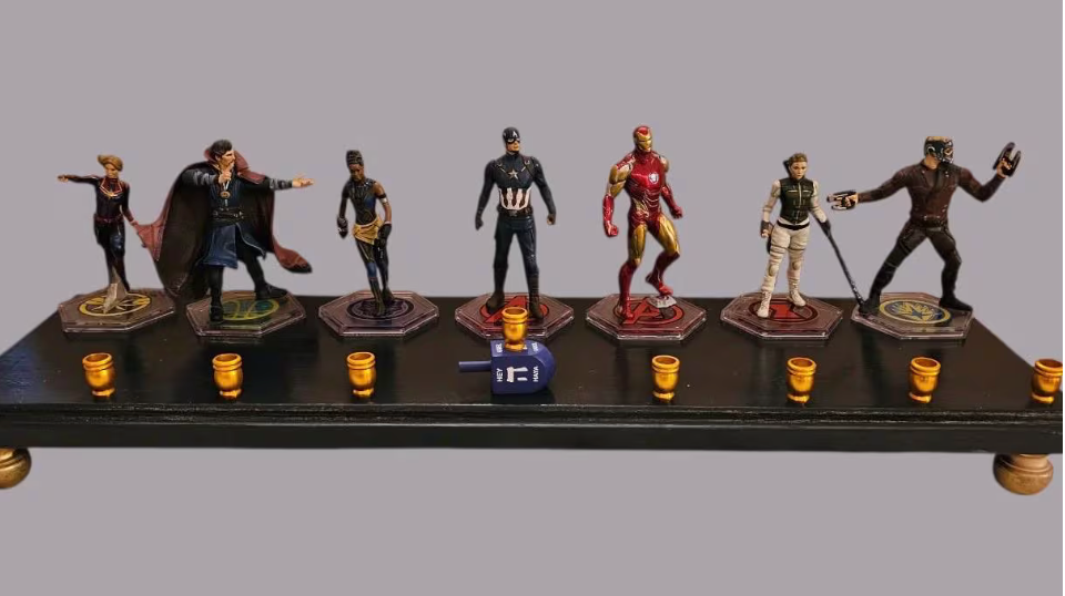 Avengers menorah — Marvel superhero action figures with brass candle cups on wood plaque | Judaica Square Lakewood (view 9)