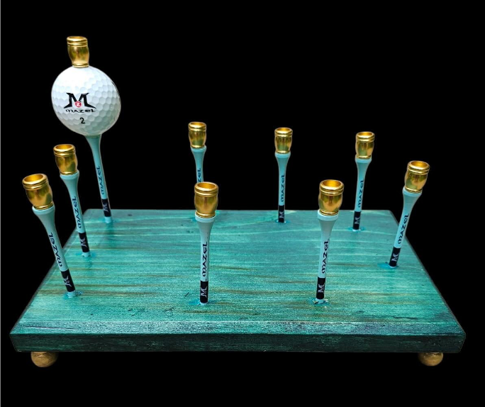 Golf Tee Time Menorah — green base with wooden tees, golf ball and gold cups | Judaica Square Lakewood (view 6)