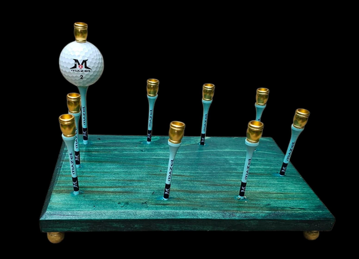 Golf Tee Time Menorah — green base with wooden tees, golf ball and gold cups | Judaica Square Lakewood (view 7)