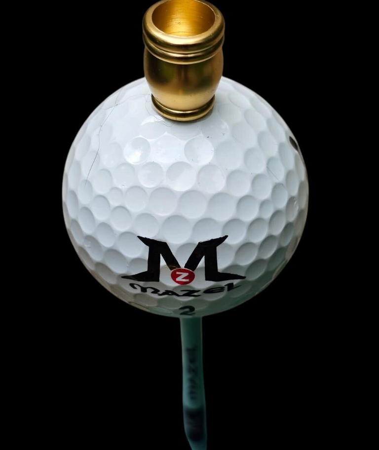 Golf Tee Time Menorah — green base with wooden tees, golf ball and gold cups | Judaica Square Lakewood (view 9)