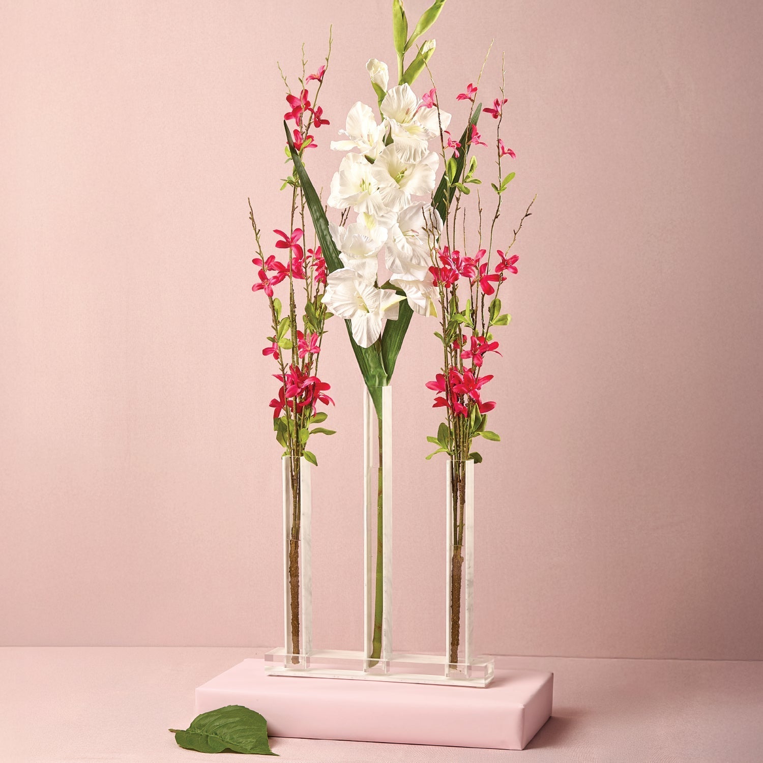 Triple Vase Centerpiece — White Marble — lucite Judaica decor | Judaica Square Lakewood
