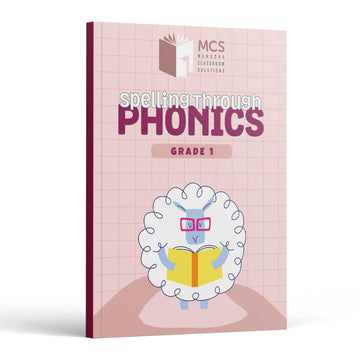 Spelling Through Phonics Grade 1 front cover — cartoon sheep in pink glasses reading a book on a pale pink grid background
