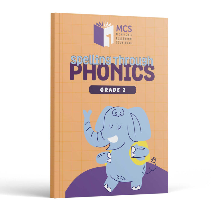 Spelling Through Phonics Grade 2 front cover — waving blue cartoon elephant on an orange grid background with the MCS logo