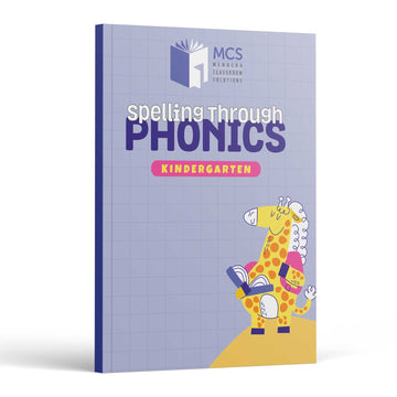 Spelling Through Phonics Kindergarten front cover — cartoon giraffe reading a book on a lavender grid background with the MCS logo