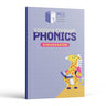 Spelling Through Phonics Kindergarten front cover — cartoon giraffe reading a book on a lavender grid background with the MCS logo