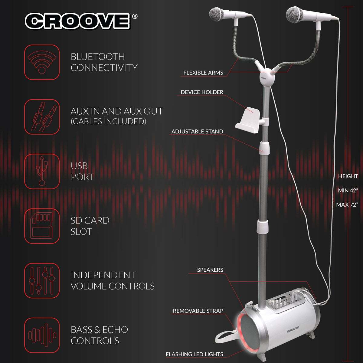 Croove Karaoke Machine with 2 Microphones - Bluetooth, USB, AUX, SD — product view, view 3 | Judaica Square Lakewood