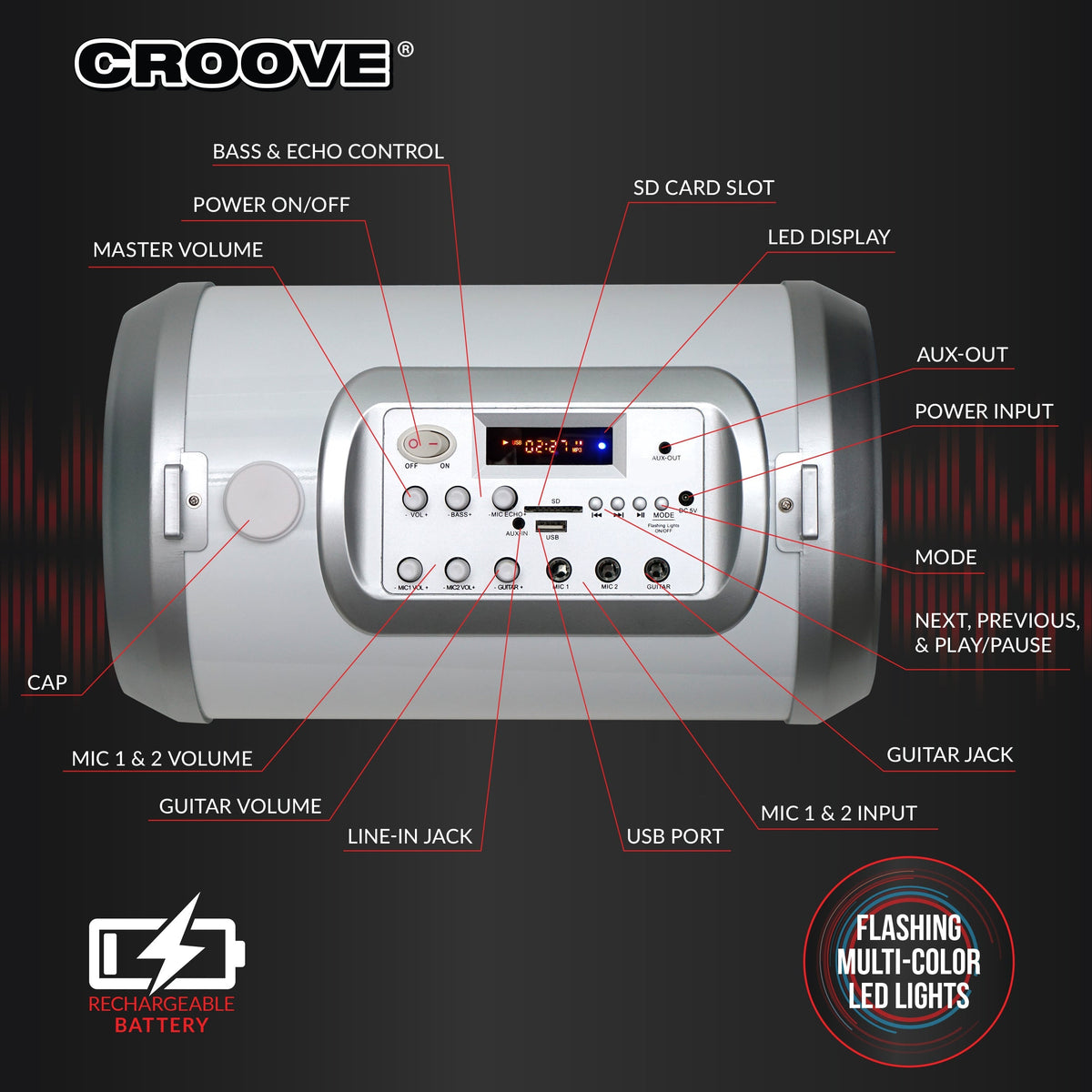 Croove Karaoke Machine with 2 Microphones - Bluetooth, USB, AUX, SD — product view, view 4 | Judaica Square Lakewood