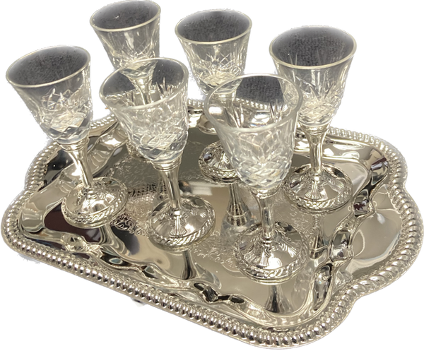Set of 6 S/P And Crystal Liquor Cups & Tray (SHB-P752)