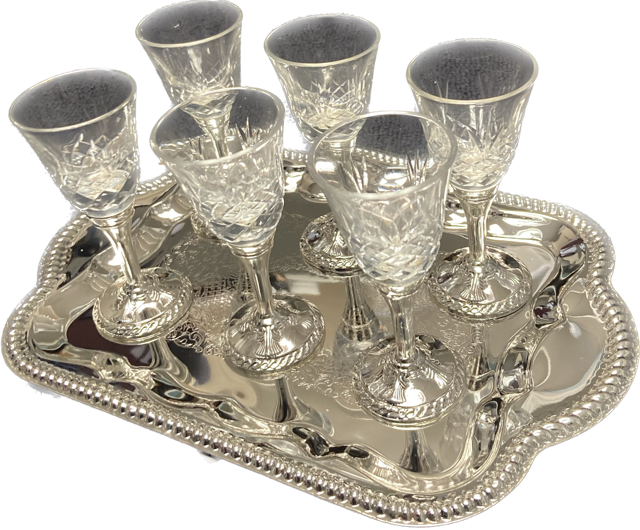 Set of 6 S/P And Crystal Liquor Cups & Tray