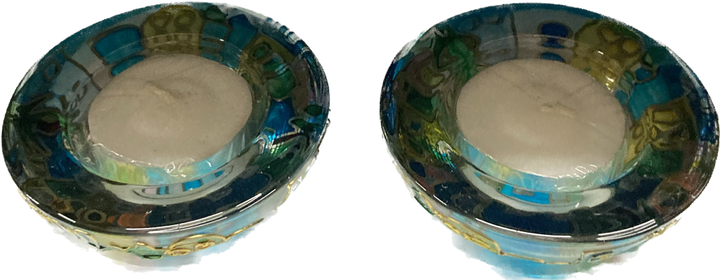 Pair Of Colored Glass Tealight Holders - Jerusalem Blue