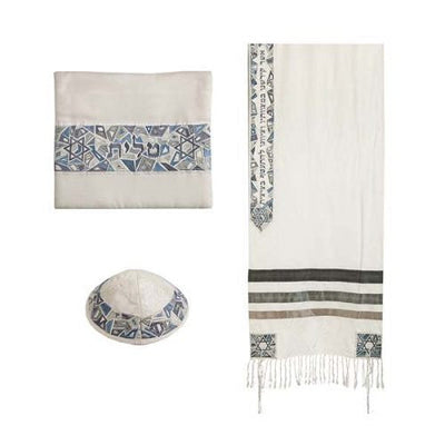 Embroidered Raw Silk Tallit - Magen David-Grey