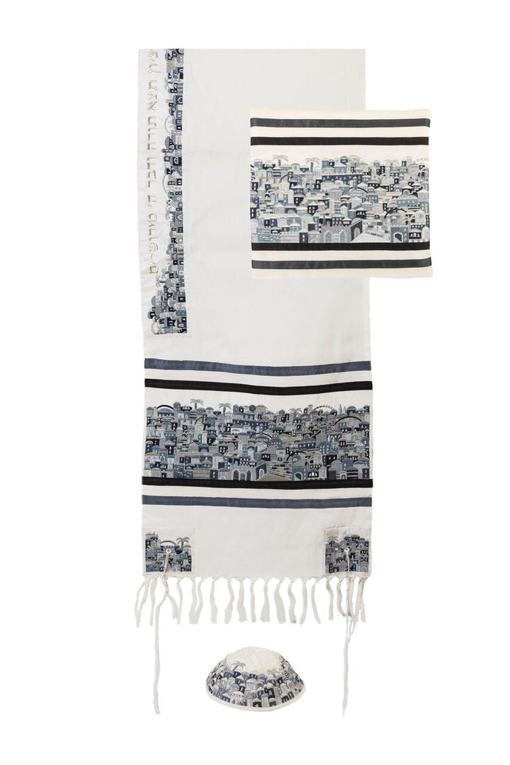 Emanuel Tallit Embroidered Jerusalem-- Black