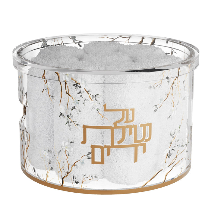 Botanical Blooms Towel Box — lidded box with stacked plush hand towels | Judaica Square Lakewood